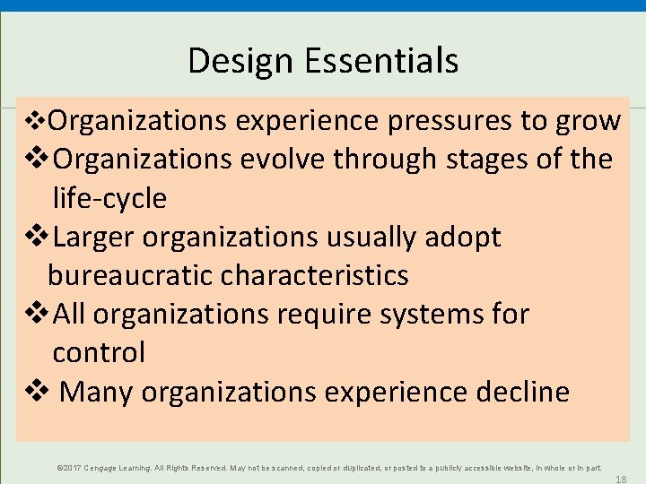 Design Essentials Organizations experience pressures to grow Organizations evolve through stages of the life-cycle
