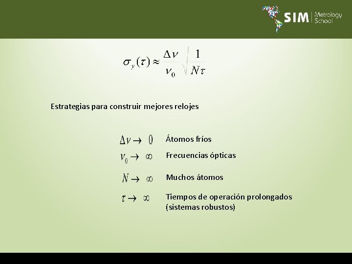 Estrategias para construir mejores relojes Átomos fríos Frecuencias ópticas Muchos átomos Tiempos de operación