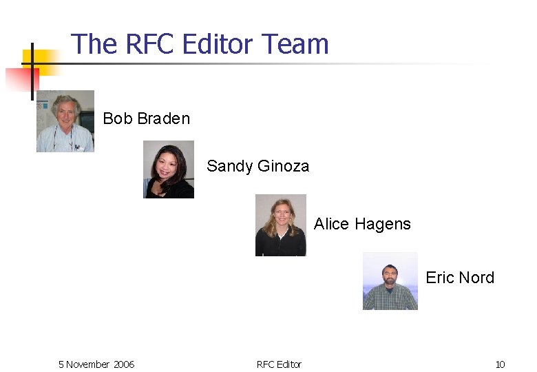 The RFC Editor Team Bob Braden Sandy Ginoza Alice Hagens Eric Nord 5 November The RFC Editor Team Bob Braden Sandy Ginoza Alice Hagens Eric Nord 5 November