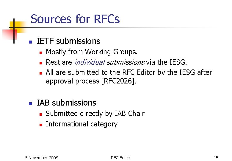 Sources for RFCs n IETF submissions n n Mostly from Working Groups. Rest are Sources for RFCs n IETF submissions n n Mostly from Working Groups. Rest are