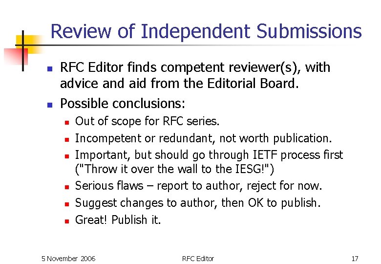 Review of Independent Submissions n n RFC Editor finds competent reviewer(s), with advice and Review of Independent Submissions n n RFC Editor finds competent reviewer(s), with advice and