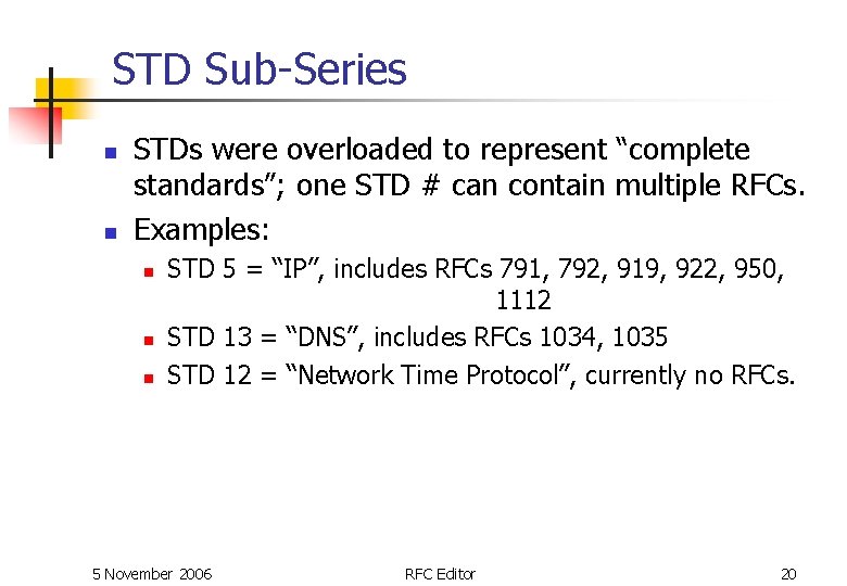 STD Sub-Series n n STDs were overloaded to represent “complete standards”; one STD # STD Sub-Series n n STDs were overloaded to represent “complete standards”; one STD #