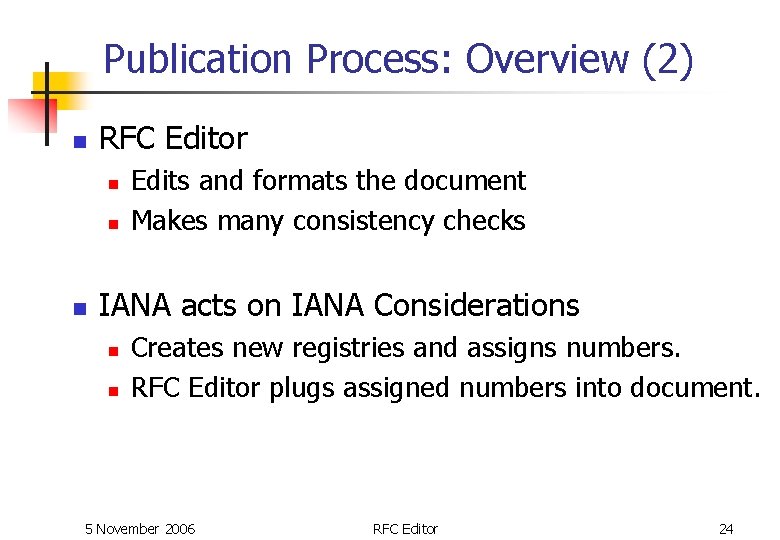 Publication Process: Overview (2) n RFC Editor n n n Edits and formats the Publication Process: Overview (2) n RFC Editor n n n Edits and formats the