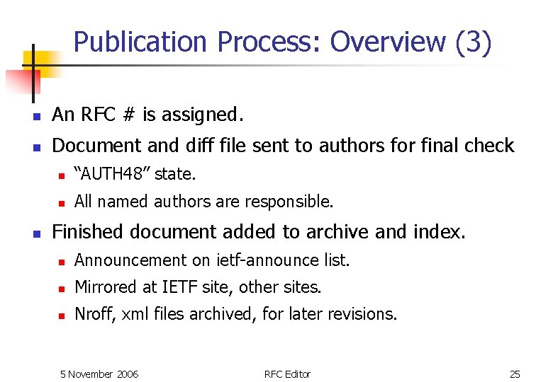 Publication Process: Overview (3) n An RFC # is assigned. n Document and diff Publication Process: Overview (3) n An RFC # is assigned. n Document and diff