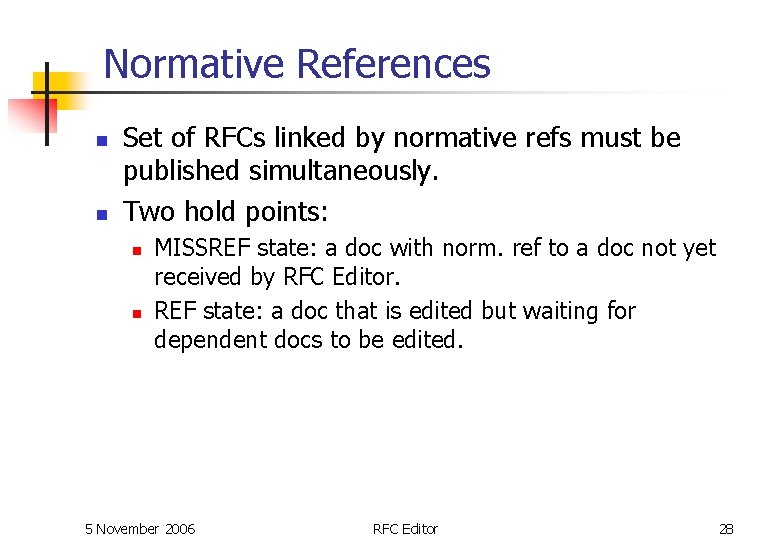 Normative References n n Set of RFCs linked by normative refs must be published Normative References n n Set of RFCs linked by normative refs must be published