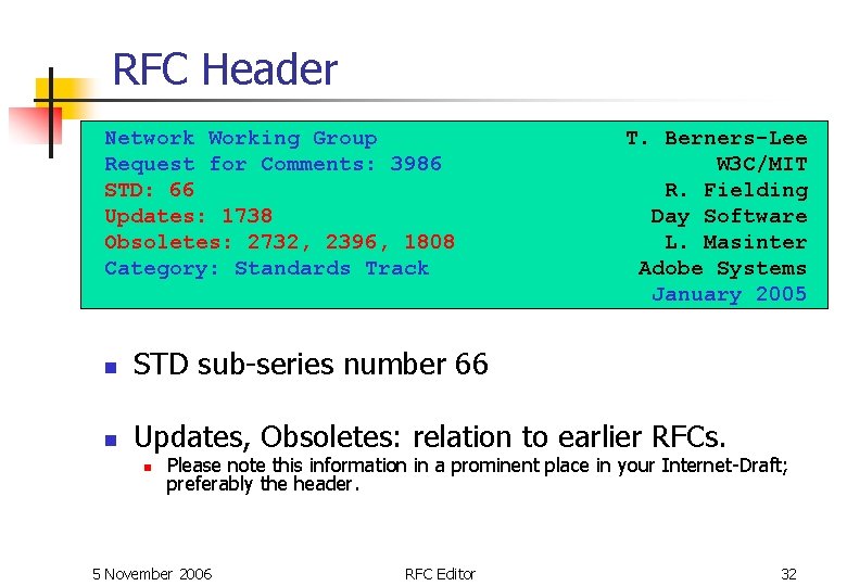 RFC Header Network Working Group Request for Comments: 3986 STD: 66 Updates: 1738 Obsoletes: RFC Header Network Working Group Request for Comments: 3986 STD: 66 Updates: 1738 Obsoletes: