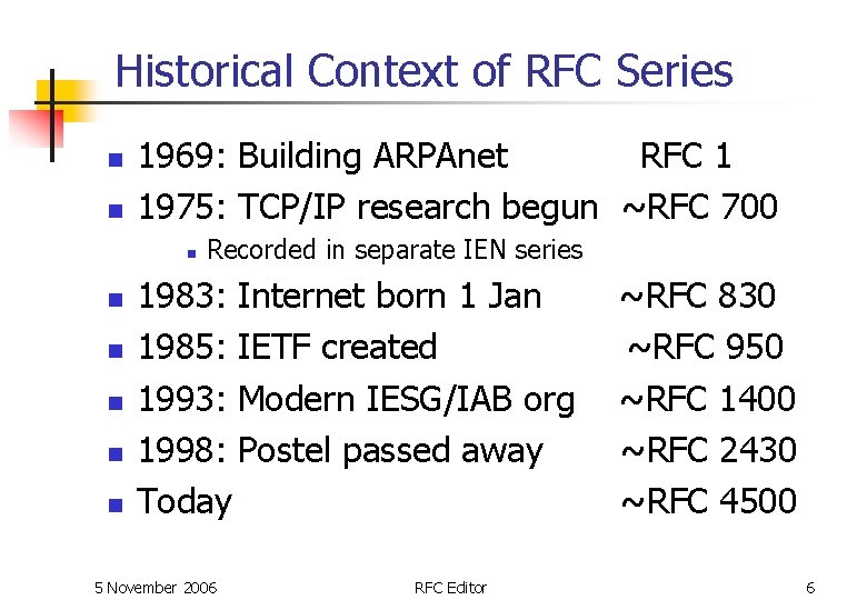Historical Context of RFC Series n n 1969: Building ARPAnet RFC 1 1975: TCP/IP Historical Context of RFC Series n n 1969: Building ARPAnet RFC 1 1975: TCP/IP