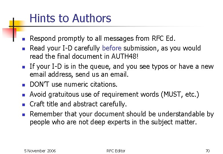 Hints to Authors n n n n Respond promptly to all messages from RFC Hints to Authors n n n n Respond promptly to all messages from RFC