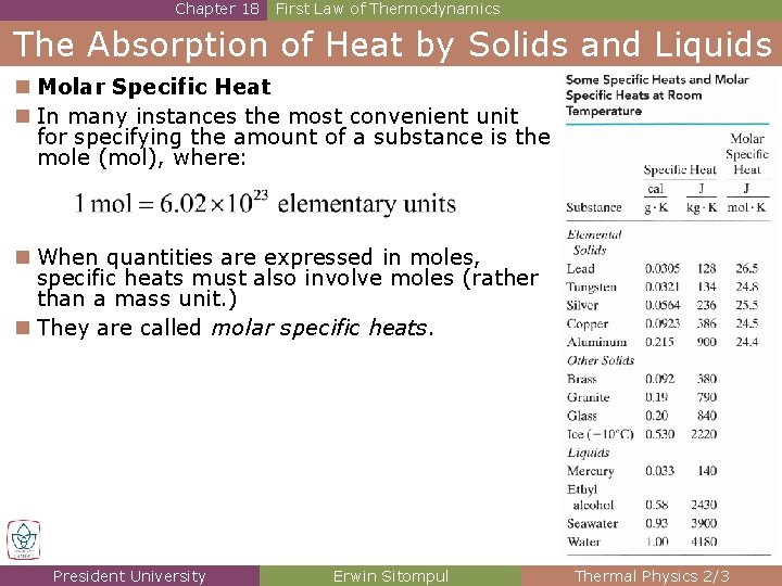 Chapter 18 First Law of Thermodynamics The Absorption of Heat by Solids and Liquids Chapter 18 First Law of Thermodynamics The Absorption of Heat by Solids and Liquids