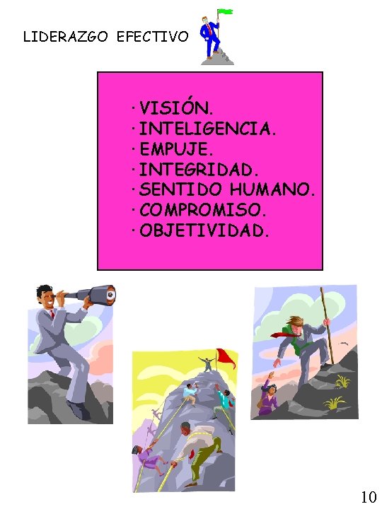 LIDERAZGO EFECTIVO ·VISIÓN. ·INTELIGENCIA. ·EMPUJE. ·INTEGRIDAD. ·SENTIDO HUMANO. ·COMPROMISO. ·OBJETIVIDAD. 10 