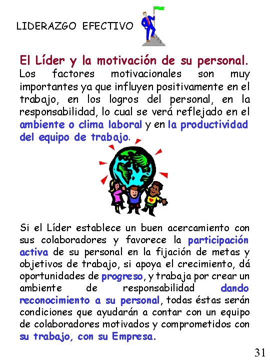 LIDERAZGO EFECTIVO El Líder y la motivación de su personal. Los factores motivacionales son
