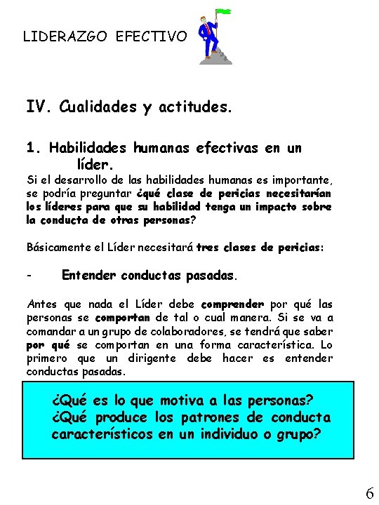 LIDERAZGO EFECTIVO IV. Cualidades y actitudes. 1. Habilidades humanas efectivas en un líder. Si