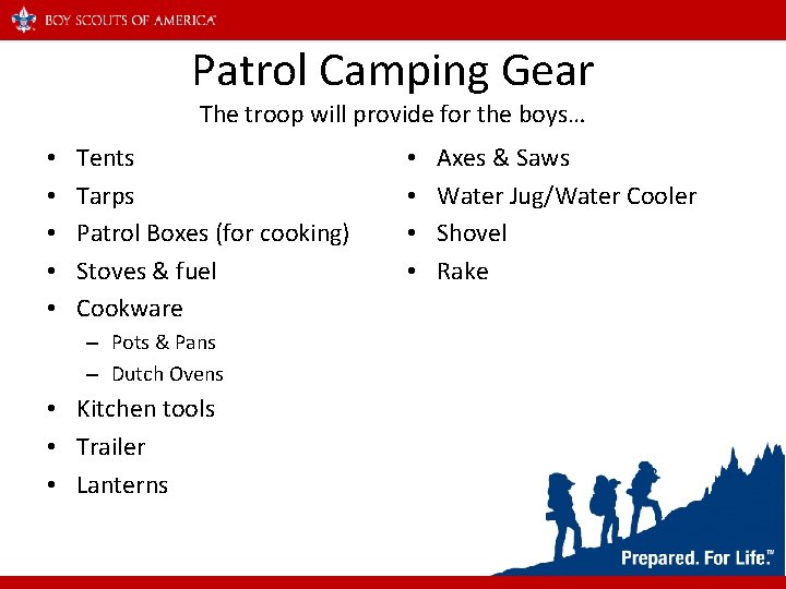 Patrol Camping Gear The troop will provide for the boys… • • • Tents