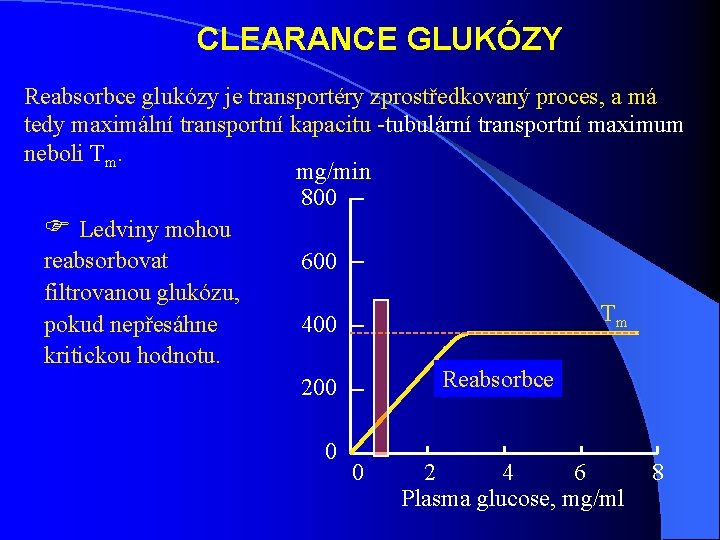 CLEARANCE GLUKÓZY Reabsorbce glukózy je transportéry zprostředkovaný proces, a má tedy maximální transportní kapacitu CLEARANCE GLUKÓZY Reabsorbce glukózy je transportéry zprostředkovaný proces, a má tedy maximální transportní kapacitu