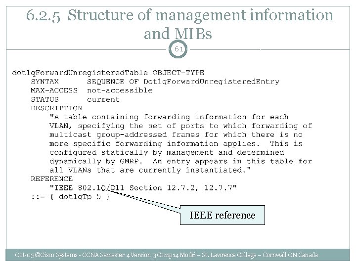 6. 2. 5 Structure of management information and MIBs 61 IEEE reference Oct-03