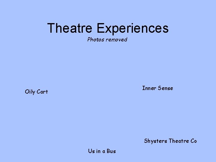 Theatre Experiences Photos removed Inner Sense Oily Cart Shysters Theatre Co Us in a