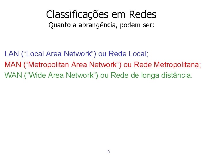 Classificações em Redes Quanto a abrangência, podem ser: LAN (“Local Area Network“) ou Rede