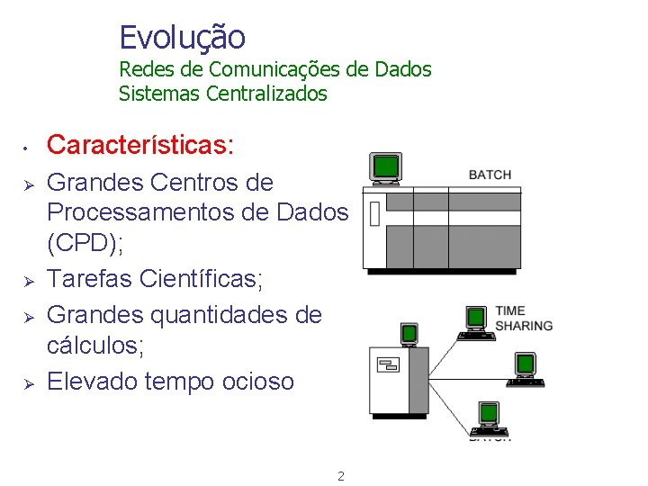 Evolução Redes de Comunicações de Dados Sistemas Centralizados • Ø Ø Características: Grandes Centros