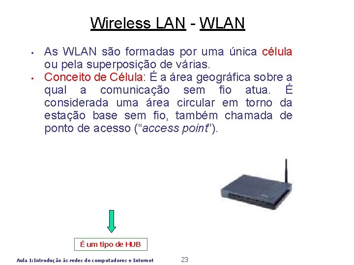 Wireless LAN - WLAN • • As WLAN são formadas por uma única célula