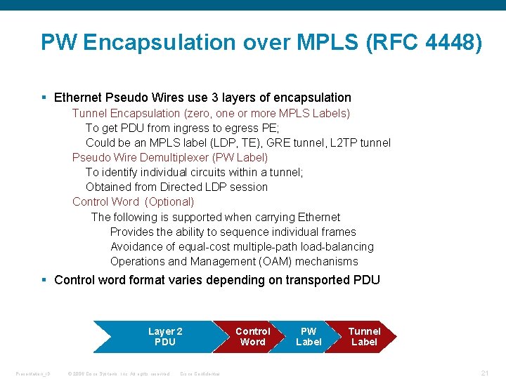 PW Encapsulation over MPLS (RFC 4448) § Ethernet Pseudo Wires use 3 layers of PW Encapsulation over MPLS (RFC 4448) § Ethernet Pseudo Wires use 3 layers of
