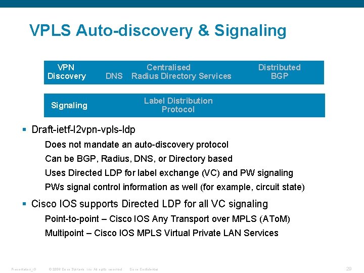 VPLS Auto-discovery & Signaling VPN Discovery DNS Centralised Radius Directory Services Distributed BGP Label VPLS Auto-discovery & Signaling VPN Discovery DNS Centralised Radius Directory Services Distributed BGP Label