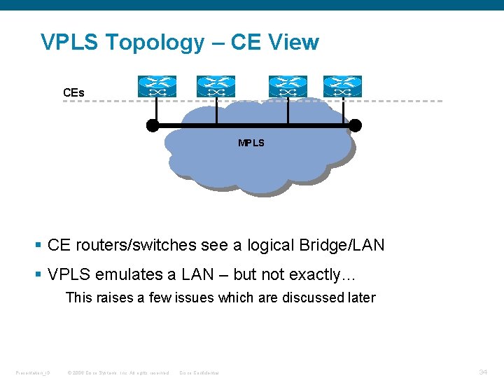 VPLS Topology – CE View CEs PEs MPLS VPLS Core Full Mesh LDP Ethernet VPLS Topology – CE View CEs PEs MPLS VPLS Core Full Mesh LDP Ethernet