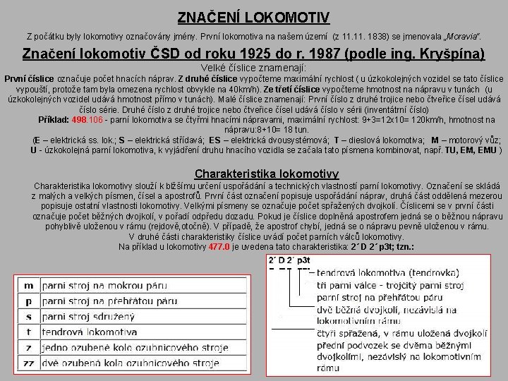 ZNAČENÍ LOKOMOTIV Z počátku byly lokomotivy označovány jmény. První lokomotiva na našem území (z