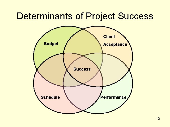 Determinants of Project Success Client Budget Acceptance Success Schedule Performance 12 