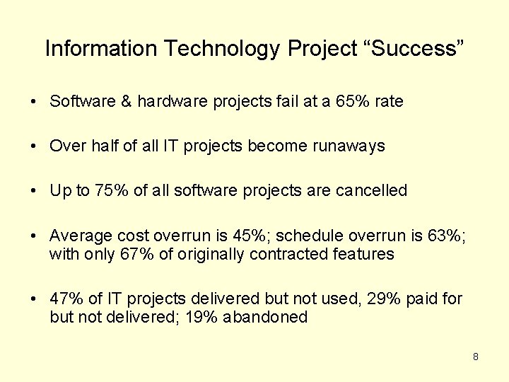 Information Technology Project “Success” • Software & hardware projects fail at a 65% rate