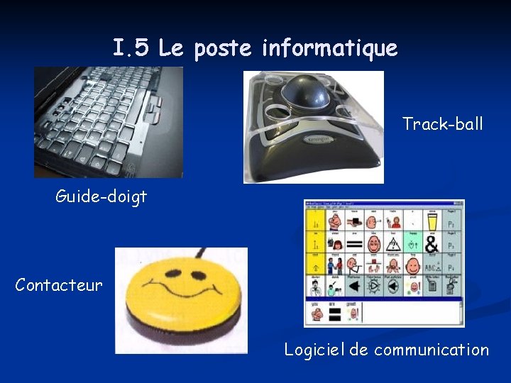 I. 5 Le poste informatique Track-ball Guide-doigt Contacteur Logiciel de communication 