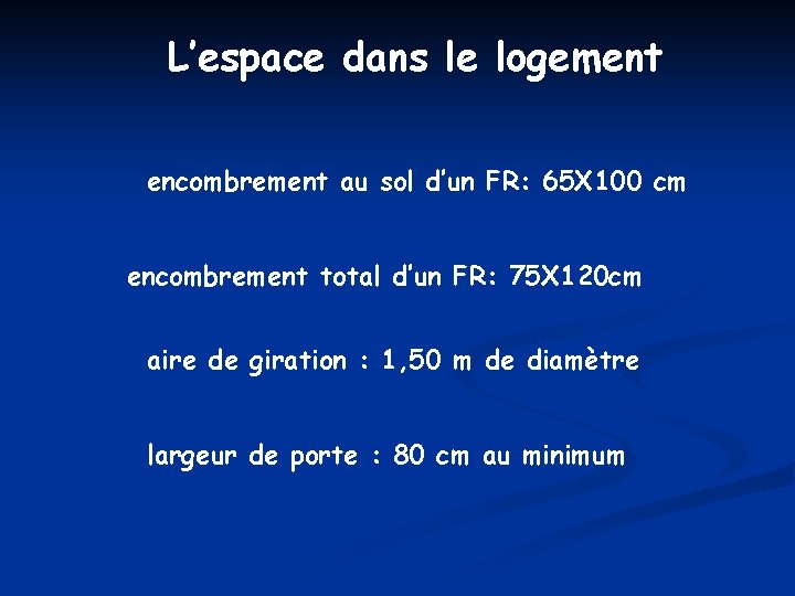 L’espace dans le logement encombrement au sol d’un FR: 65 X 100 cm encombrement