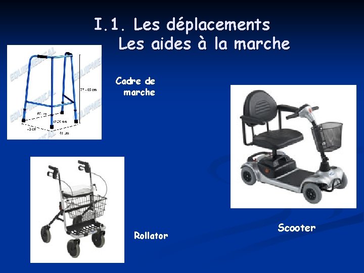 I. 1. Les déplacements Les aides à la marche Cadre de marche Rollator Scooter