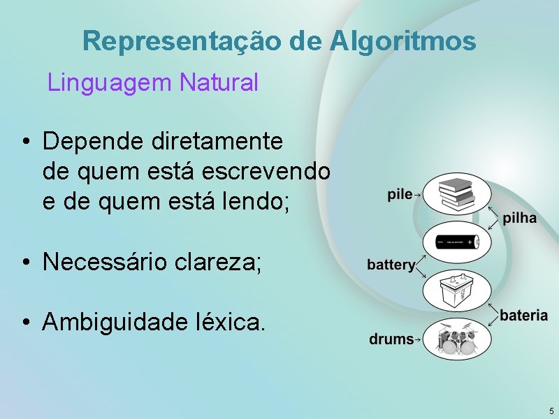 Representação de Algoritmos Linguagem Natural • Depende diretamente de quem está escrevendo e de