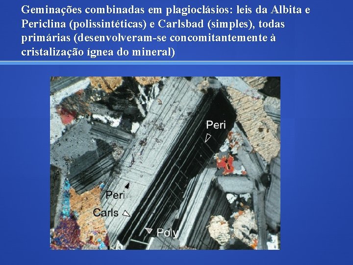 Geminações combinadas em plagioclásios: leis da Albita e Periclina (polissintéticas) e Carlsbad (simples), todas