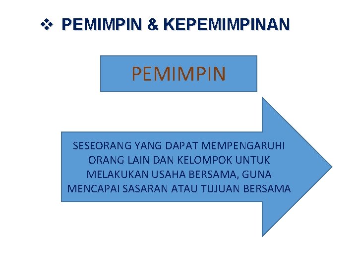 v PEMIMPIN & KEPEMIMPINAN. PEMIMPIN SESEORANG YANG DAPAT MEMPENGARUHI ORANG LAIN DAN KELOMPOK UNTUK