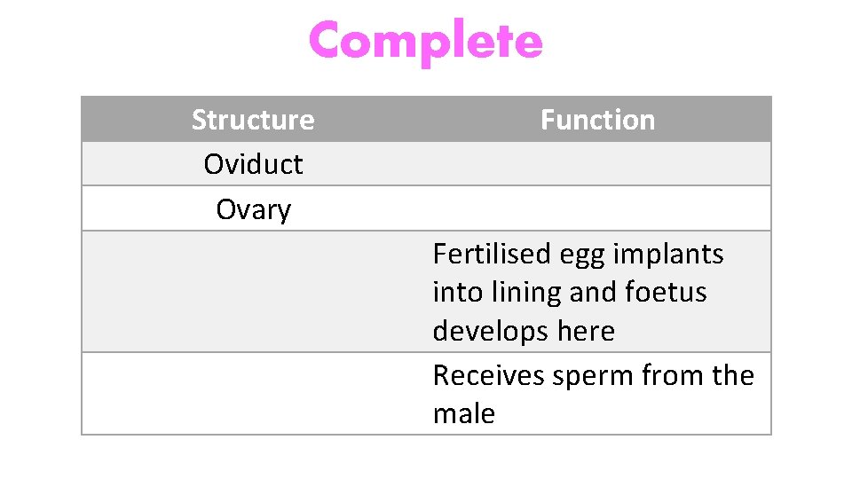 Complete Structure Oviduct Ovary Function Fertilised egg implants into lining and foetus develops here