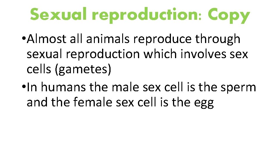 Sexual reproduction: Copy • Almost all animals reproduce through sexual reproduction which involves sex
