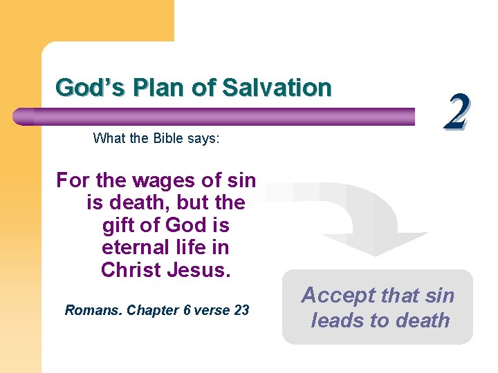 God’s Plan of Salvation What the Bible says: 2 For the wages of sin
