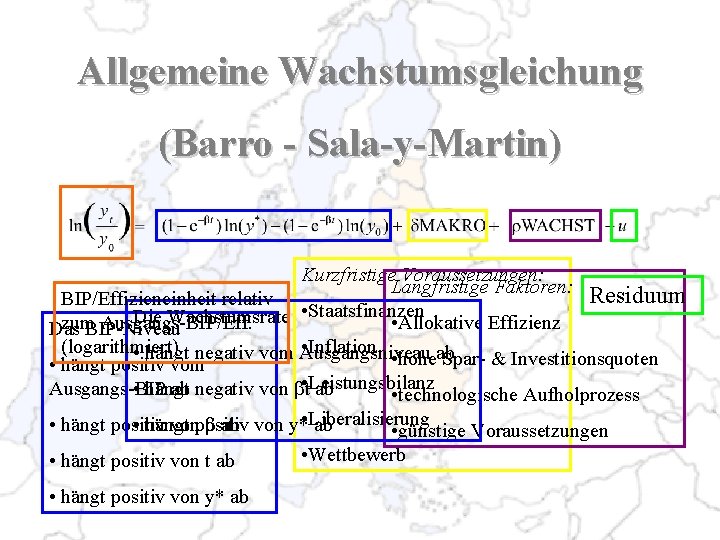 Allgemeine Wachstumsgleichung (Barro - Sala-y-Martin) Kurzfristige Voraussetzungen: Langfristige Faktoren: Residuum BIP/Effizieneinheit relativ Die Wachstumsrate