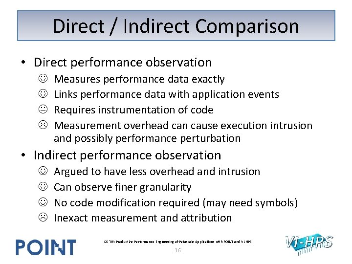 Direct / Indirect Comparison • Direct performance observation Measures performance data exactly Links performance Direct / Indirect Comparison • Direct performance observation Measures performance data exactly Links performance