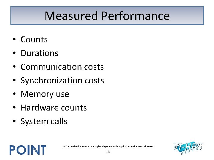 Measured Performance • • Counts Durations Communication costs Synchronization costs Memory use Hardware counts Measured Performance • • Counts Durations Communication costs Synchronization costs Memory use Hardware counts