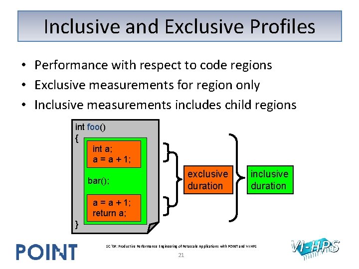 Inclusive and Exclusive Profiles • Performance with respect to code regions • Exclusive measurements Inclusive and Exclusive Profiles • Performance with respect to code regions • Exclusive measurements