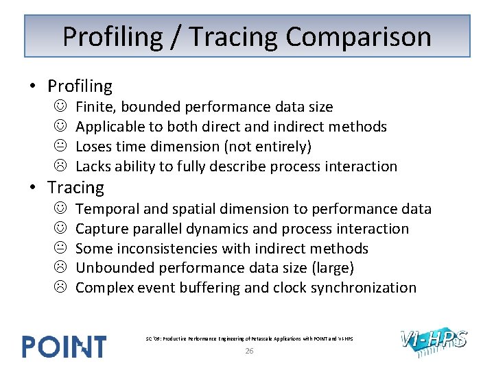 Profiling / Tracing Comparison • Profiling Finite, bounded performance data size Applicable to both Profiling / Tracing Comparison • Profiling Finite, bounded performance data size Applicable to both