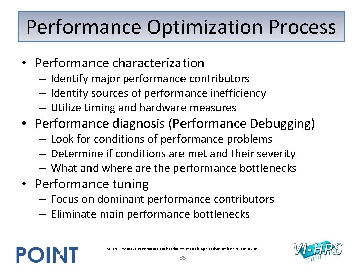 Performance Optimization Process • Performance characterization – Identify major performance contributors – Identify sources Performance Optimization Process • Performance characterization – Identify major performance contributors – Identify sources