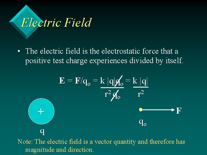 Electric Field • The electric field is the electrostatic force that a positive test
