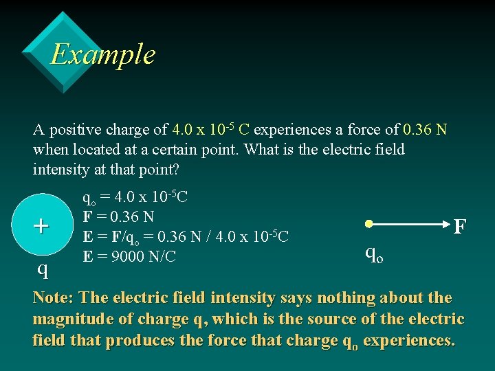 Example A positive charge of 4. 0 x 10 -5 C experiences a force