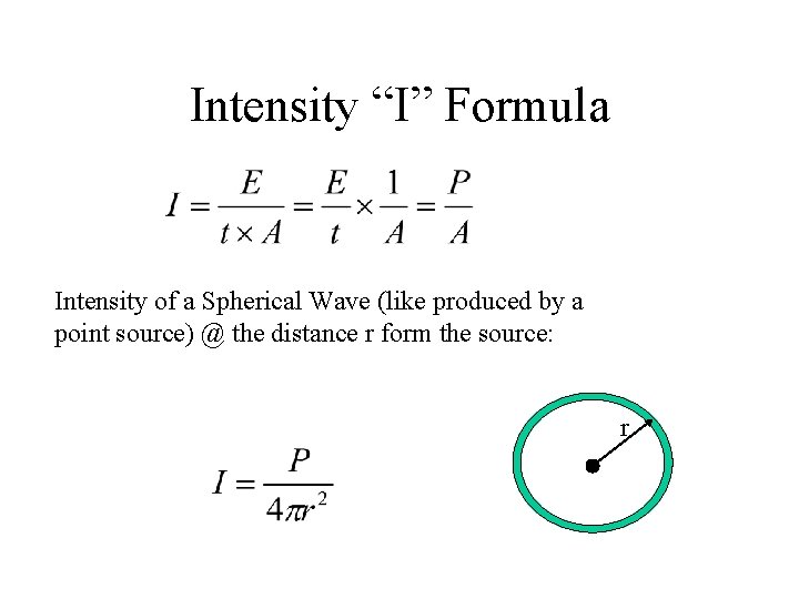 Intensity “I” Formula Intensity of a Spherical Wave (like produced by a point source) Intensity “I” Formula Intensity of a Spherical Wave (like produced by a point source)