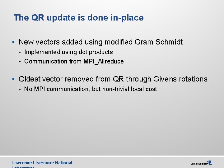 The QR update is done in-place § New vectors added using modified Gram Schmidt