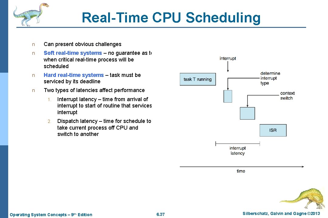 Real-Time CPU Scheduling n Can present obvious challenges n Soft real-time systems – no