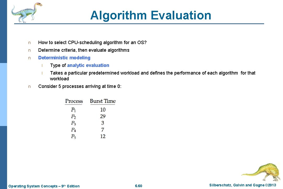 Algorithm Evaluation n How to select CPU-scheduling algorithm for an OS? n Determine criteria,